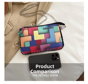 Comparaison de taille détaillée entre le sac à chaîne géométrique coloré et un smartphone