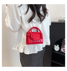 Detailed macro of red crocodile texture on mini bag with elegant silver chain strap