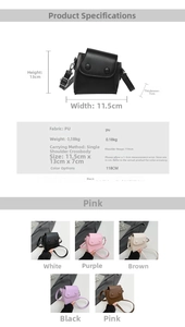 Detailed size guide and color options for the mini PU crossbody bag with round buckles