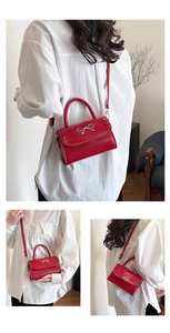 Three-way view of red crossbody bag with silver bow accent on model in white shirt
