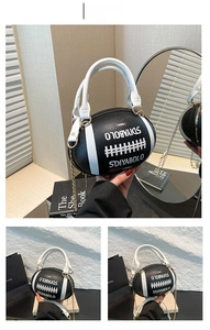 Detail view of football shaped crossbody bag with chain strap and SDIYABOLO logo