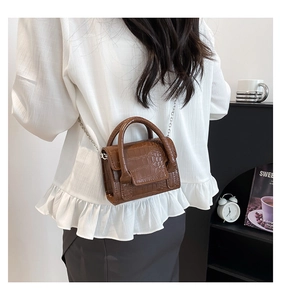 Brown crocodile texture mini handbag with silver metal chain strap shown in lifestyle context