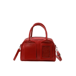 Classic red Boston shoulder bag with dual front pockets and transparent card slot