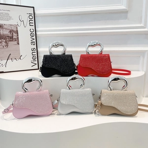 Fashion PU Leather Glitter Shoulder Bag For Women Trendy Irregular Wave Small Square Handbag With Metal Handle Crossbody Bag