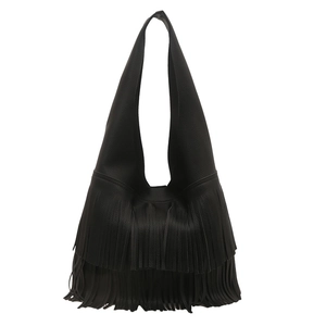 Vintage black lychee pattern leather tote bag with long tassel fringe and hobo silhouette
