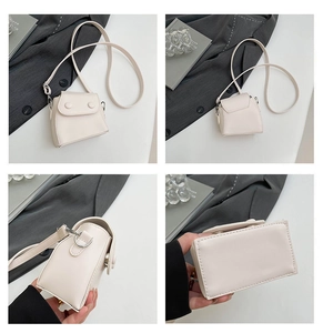 Detailed views of a mini cream leather crossbody bag from front, back, side and base angles