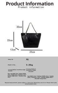 Detailed view of black crocodile pattern PU leather bag with golden chain strap specs