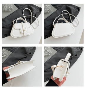 Detailed views of the white lychee grain leather crossbody bag and golden metal buckle
