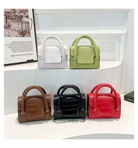 Detail of mini square bags in various colors featuring crocodile texture and silver chains