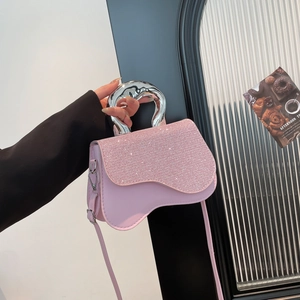 Elegant pink crossbody bag with sequined flap and unique silver mirror metal handle
