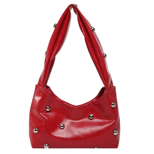 Red hobo shoulder bag in glossy PU leather featuring silver rivet studs decoration