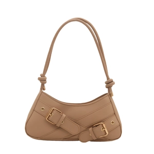 Sac baguette beige minimaliste avec sangles décoratives et boucles en métal doré