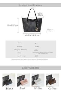Size chart for the large PU leather tote bag with dimensions 45x27x14cm and M-logo pattern