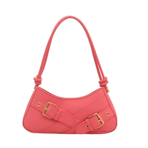 Pink faux leather underarm bag with double golden buckles and chic knotted straps