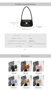 Detailed size specifications and various color options for this minimalist PU underarm bag