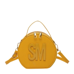 Fashionable bright yellow circular handbag with SM letter logo and gold zipper details