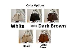 Detailed color display of vintage handbags in white, black, brown, and khaki tones