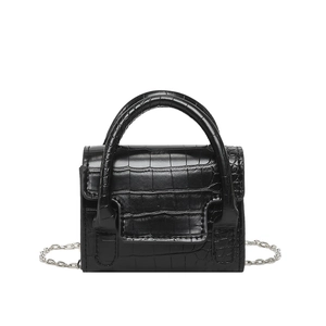 Fashionable black faux crocodile skin crossbody bag with silver chain strap and top handle