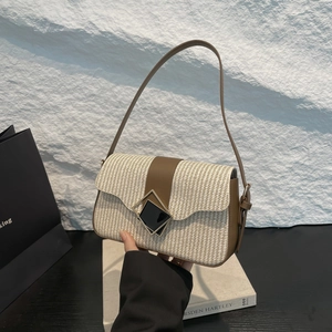 Sac à Épaule Tissé Vintage pour Femmes en Cuir PU Couture Petit Sac Carré Baguette Avec Boucle Métallique Géométrique Décontracté