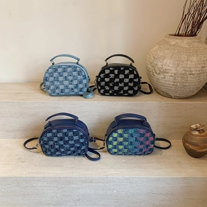 Plaid patchwork denim crossbody shell bag with stylish checkered weave and top handle