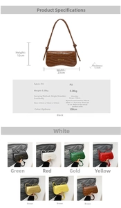 Detailed size chart and multi-color view of minimalist croc-effect shoulder bags