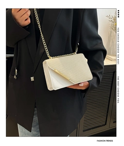 Detail of beige woven crossbody bag with gold chain strap and elegant metallic trim