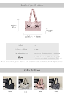 Detailed dimension chart and size specifications for the pleated bow tote bag