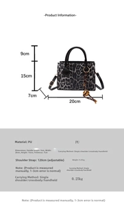 Detailed size chart of the leopard print PU handbag showing dimensions and specifications
