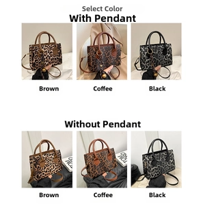 Detail view of leopard print tote bag options in brown, coffee, and black finishes