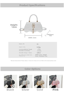 Detailed size and color guide for the glittery retro square shoulder bag with S pendant