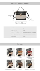 Size guide for a small PU leather bucket bag with dimensions and multi-color options