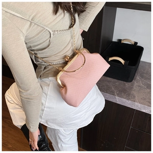 Detail of pink woven shell bag with gold chain strap and metal clasp on model