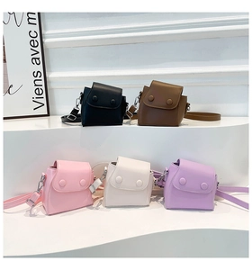 Mini flap crossbody bags displayed in black, brown, pink, cream, and lavender purple colors