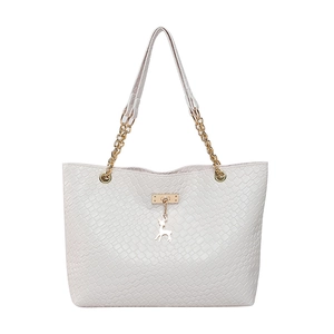 White faux crocodile leather tote bag with gold chain strap and deer charm detail
