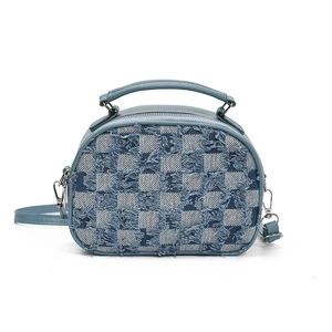 Sac à bandoulière minimaliste en denim à carreaux bleu et blanc avec franges
