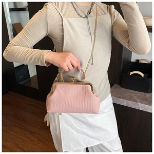 Pink woven shell bag with vintage metal clasp and elegant gold chain shoulder strap