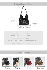 Detailed size specifications and material chart for large capacity faux leather tote bag