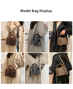Detail view of leopard print tote bag styled as crossbody and handbag in diverse angles