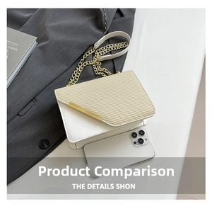 Detailed comparison of white chain bag with woven flap texture and smartphone for scale