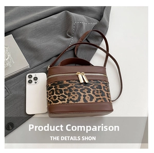 Detail of vintage brown leopard print crossbody bag with dual zippers and smartphone