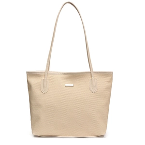 Minimalist beige woven texture tote bag with silver plaque and slim shoulder straps