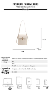 Detail view of cream PU leather bucket bag with dimensions 19x21x11cm and strap height