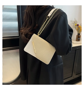 Detail of two-tone woven crossbody bag with gold metal buckle and chain strap on model