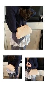 Detail shots of beige woven shell-shaped bag with gold clasp and chain strap