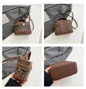 Detailed views of vintage leopard print canvas box bag with gold-tone hardware and straps