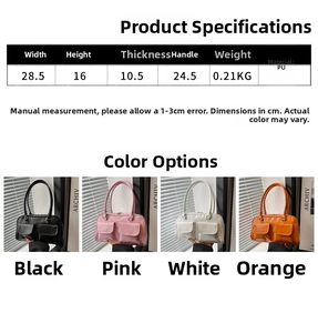 Detailed size chart and four-color comparison for the dual-pocket glossy PU shoulder bag