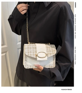 Nahaufnahme der Umhängetasche aus weißem Tweed und Leder mit Goldkette und Schnalle