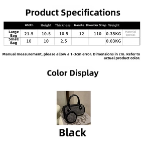 Size chart showing dimensions for black cylinder handbag and small round coin purse