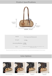 Detail view of woven texture PU shoulder bag with dimensions and cute bear pendant