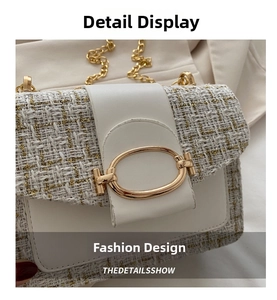 Detail der Umhängetasche aus weißem Leder und Tweed mit goldener Schnalle und Kette